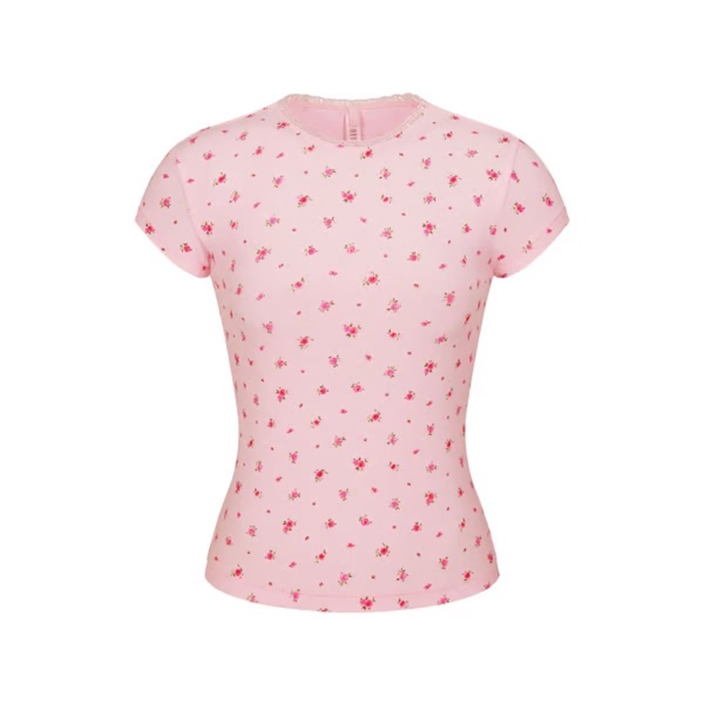 Skims Soft Lounge Lace T-Shirt in Rose Print